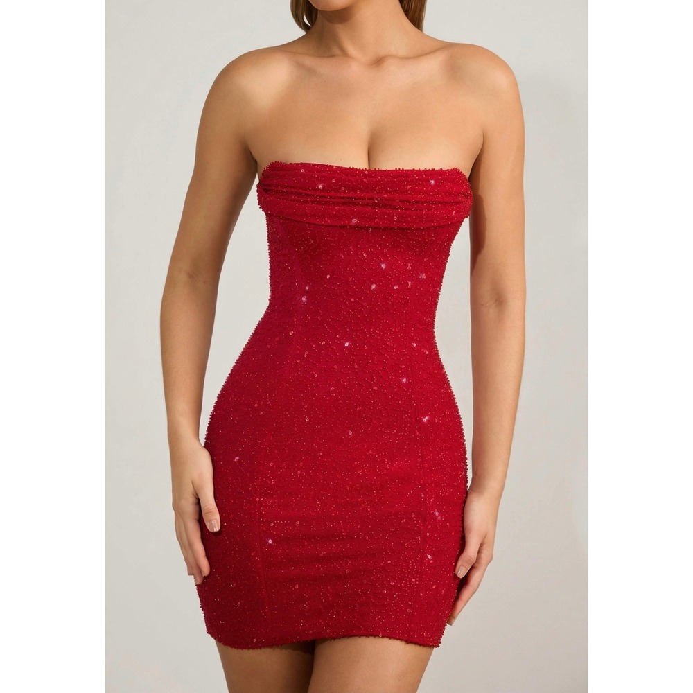 Oh Polly Red Beaded Strapless Mini Dress Corset Bodycon Sequin US 4 NWT